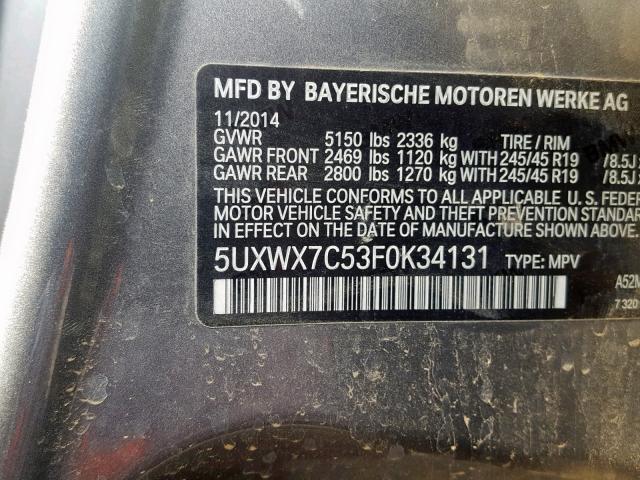 5UXWX7C53F0K34131 - 2015 BMW X3 XDRIVE3 GRAY photo 10