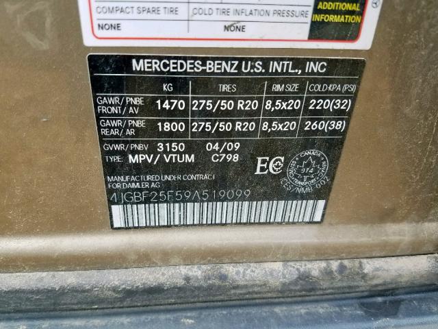 4JGBF25E59A519099 - 2009 MERCEDES-BENZ GL GOLD photo 10