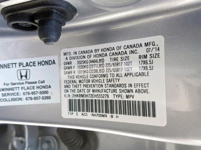 2HKRM3H72EH555279 - 2014 HONDA CR-V EXL SILVER photo 10