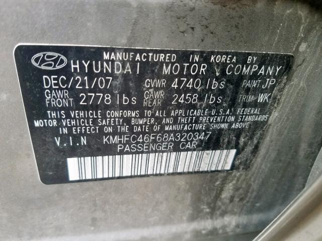 KMHFC46F68A320347 - 2008 HYUNDAI AZERA SE SILVER photo 10