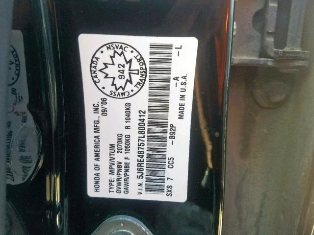 5J6RE48757L800412 - 2007 HONDA CR-V EXL BLACK photo 10