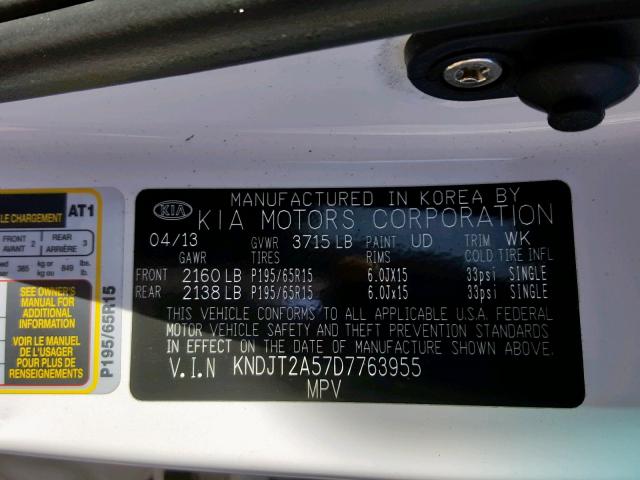 KNDJT2A57D7763955 - 2013 KIA SOUL WHITE photo 10