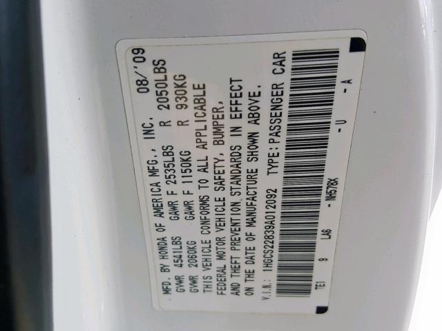 1HGCS22839A012092 - 2009 HONDA ACCORD EXL WHITE photo 10