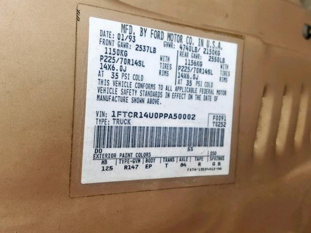 1FTCR14U0PPA50002 - 1993 FORD RANGER SUP TAN photo 10