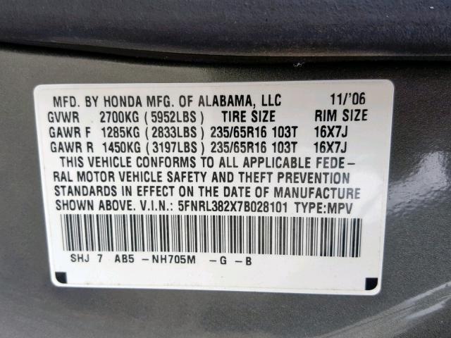 5FNRL382X7B028101 - 2007 HONDA ODYSSEY LX GRAY photo 10