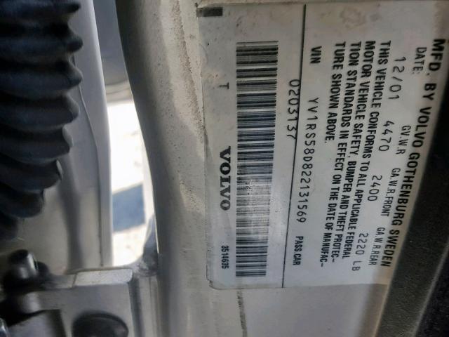 YV1RS58D822131569 - 2002 VOLVO S60 2.4T SILVER photo 10