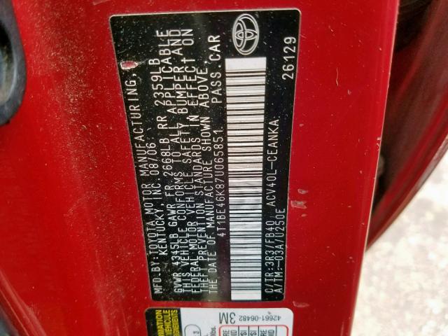 4T1BE46K87U065851 - 2007 TOYOTA CAMRY NEW RED photo 10