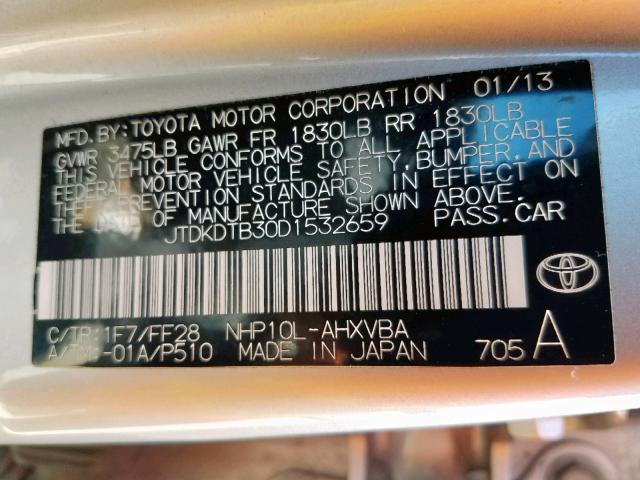 JTDKDTB30D1532659 - 2013 TOYOTA PRIUS C SILVER photo 10