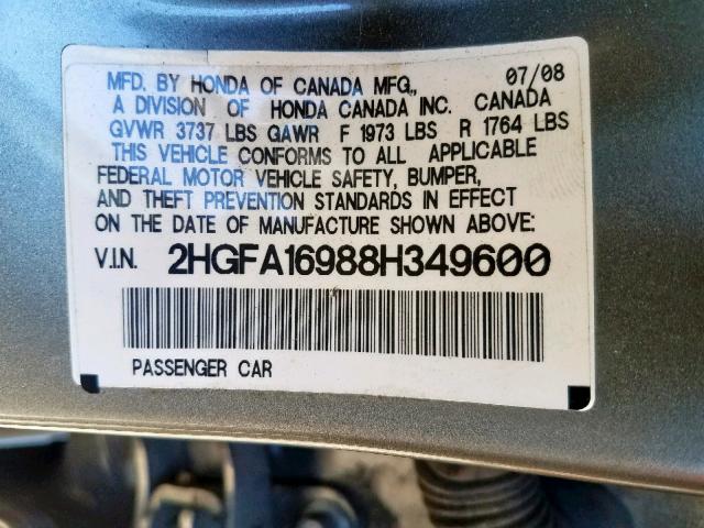 2HGFA16988H349600 - 2008 HONDA CIVIC EXL 棕色 照片 10