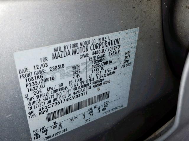 4F2CZ96174KM33011 - 2004 MAZDA TRIBUTE ES 银色 照片 10