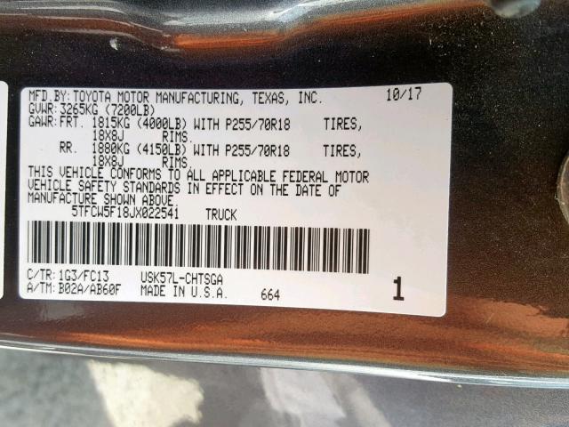 5TFCW5F18JX022541 - 2018 TOYOTA TUNDRA DOU GRAY photo 10