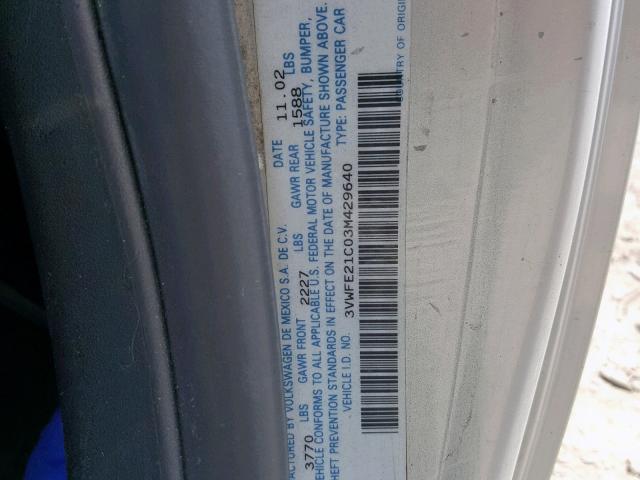 3VWFE21C03M429640 - 2003 VOLKSWAGEN NEW BEETLE SILVER photo 10