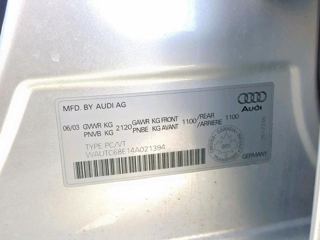 WAUTC68E14A021394 - 2004 AUDI A4 1.8 AVA SILVER photo 10