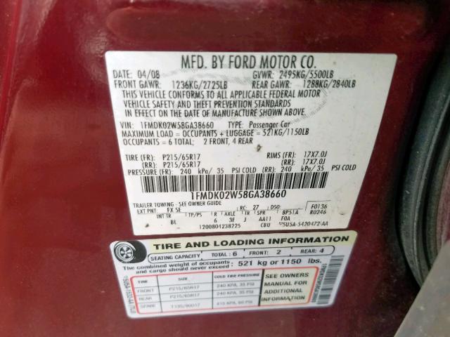 1FMDK02W58GA38660 - 2008 FORD TAURUS X S BURGUNDY photo 10