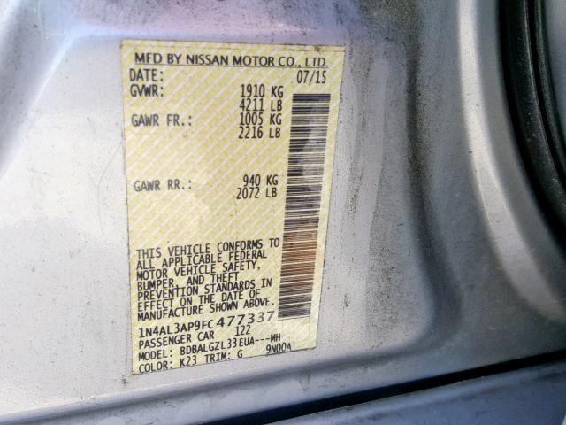 1N4AL3AP9FC477337 - 2015 NISSAN ALTIMA 2.5 SILVER photo 10