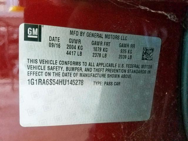 1G1RA6S54HU145278 - 2017 CHEVROLET VOLT LT RED photo 10