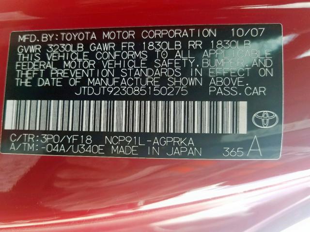 JTDJT923085150275 - 2008 TOYOTA YARIS RED photo 10