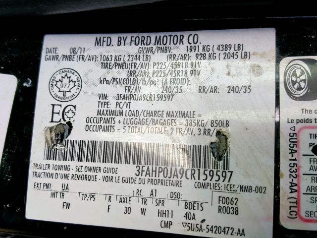 3FAHP0JA9CR159597 - 2012 FORD FUSION SEL BLACK photo 10