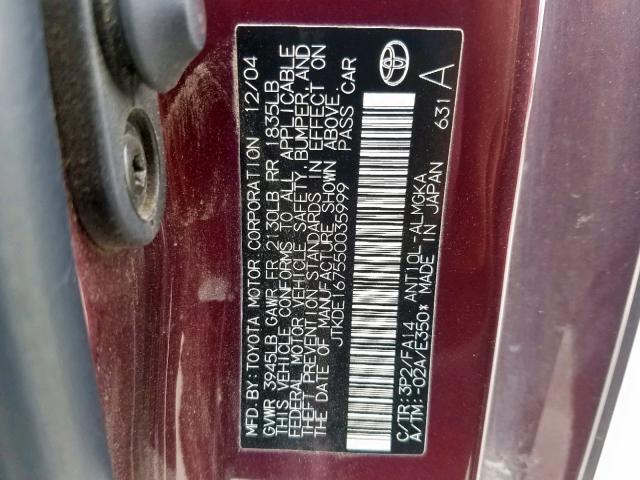 JTKDE167550035999 - 2005 TOYOTA SCION TC მუქწითელი ფოტო 10