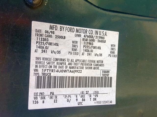 1FTYR14U0WTA69922 - 1998 FORD RANGER SUP GREEN photo 10