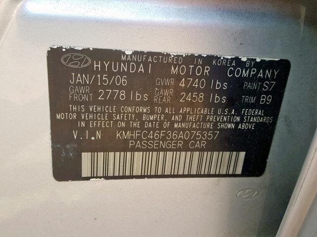 KMHFC46F36A075357 - 2006 HYUNDAI AZERA SE GRAY photo 10