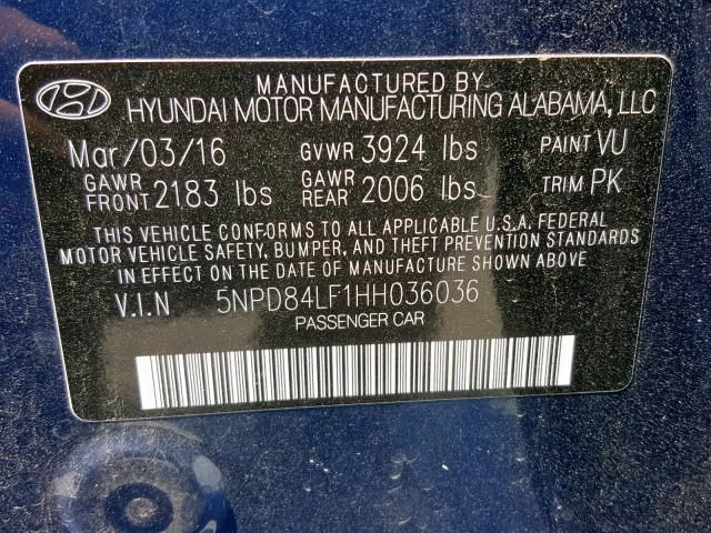 5NPD84LF1HH036036 - 2017 HYUNDAI ELANTRA BLUE photo 10