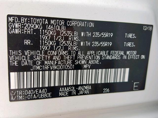 JTMC1RFV8KD010501 - 2019 TOYOTA RAV4 XLE P WHITE photo 10