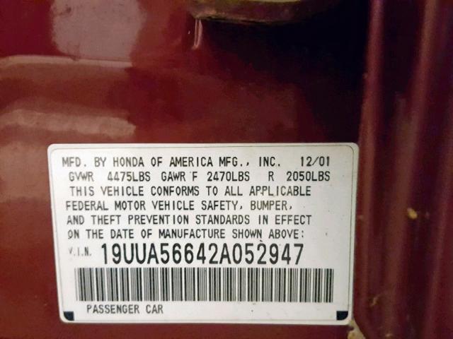 19UUA56642A052947 - 2002 ACURA 3.2TL RED photo 10