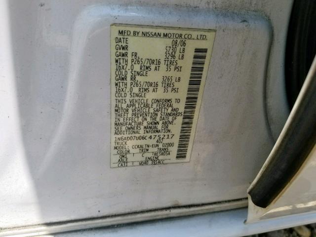 1N6AD07U06C475217 - 2006 NISSAN FRONTIER C WHITE photo 10