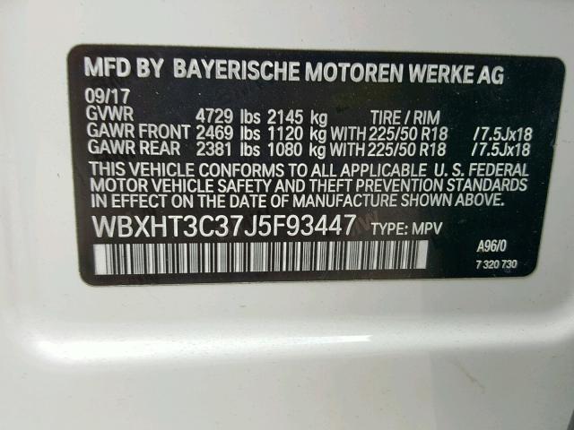 WBXHT3C37J5F93447 - 2018 BMW X1 XDRIVE2 WHITE photo 10