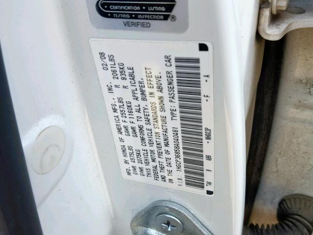 1HGCP36858A040461 - 2008 HONDA ACCORD EXL WHITE photo 10