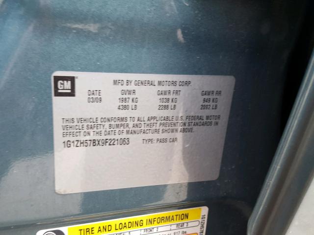 1G1ZH57BX9F221063 - 2009 CHEVROLET MALIBU 1LT 绿色 照片 10