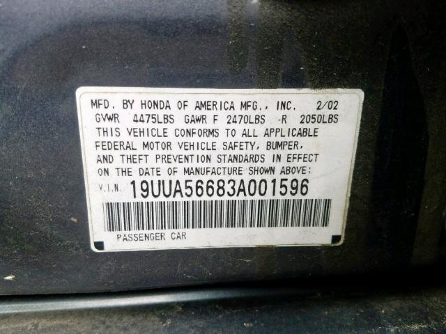 19UUA56683A001596 - 2003 ACURA 3.2TL GRAY photo 10