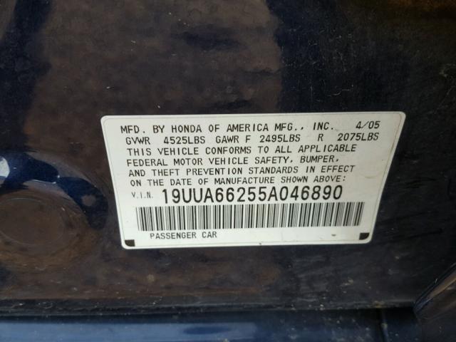 19UUA66255A046890 - 2005 ACURA TL BLUE photo 10