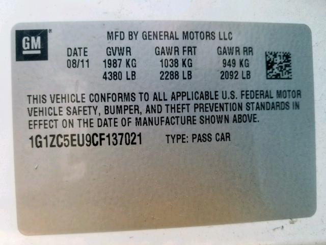 1G1ZC5EU9CF137021 - 2012 CHEVROLET MALIBU 1LT 白色 照片 10