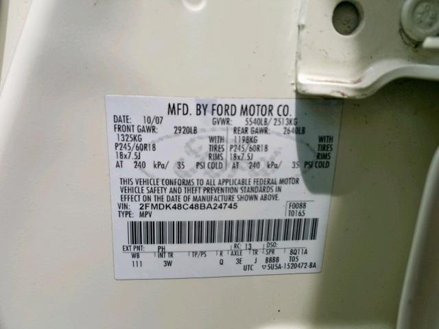 2FMDK48C48BA24745 - 2008 FORD EDGE SEL WHITE photo 10