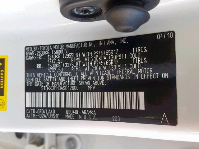 5TDKK3EH3AS012600 - 2010 TOYOTA HIGHLANDER WHITE photo 10