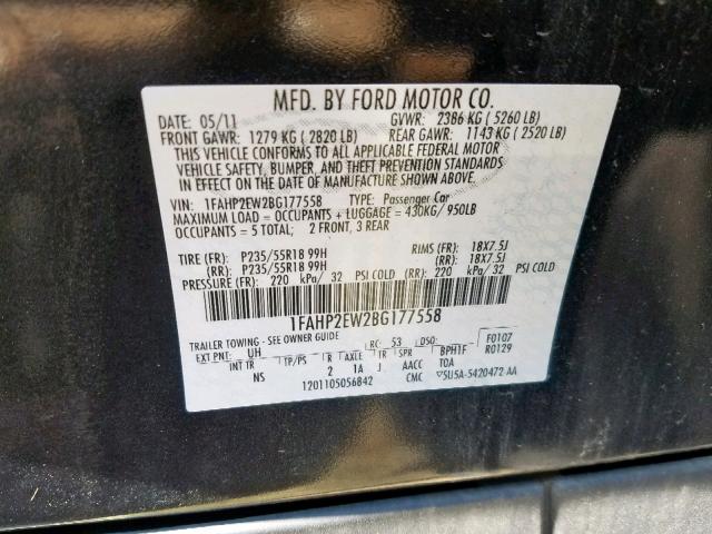 1FAHP2EW2BG177558 - 2011 FORD TAURUS SEL BLACK photo 10