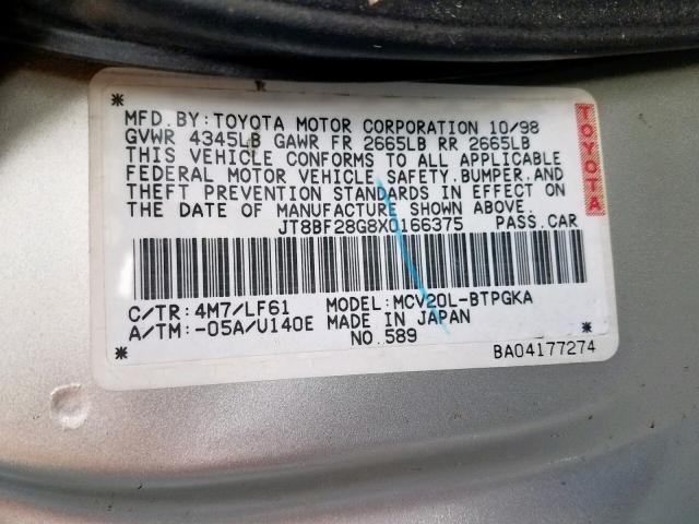 JT8BF28G8X0166375 - 1999 LEXUS ES 300 TAN photo 10