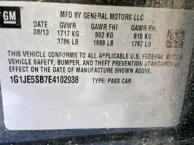 1G1JE5SB7E4102938 - 2014 CHEVROLET SONIC LTZ GRAY photo 10