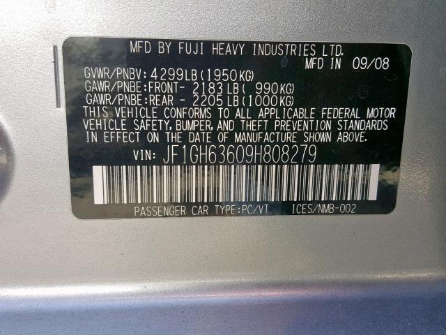 JF1GH63609H808279 - 2009 SUBARU IMPREZA OU GRAY photo 10