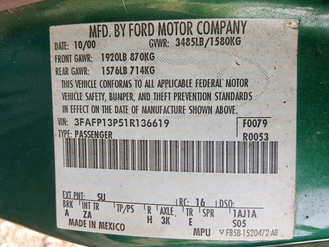 3FAFP13P51R136619 - 2001 FORD ESCORT GREEN photo 10