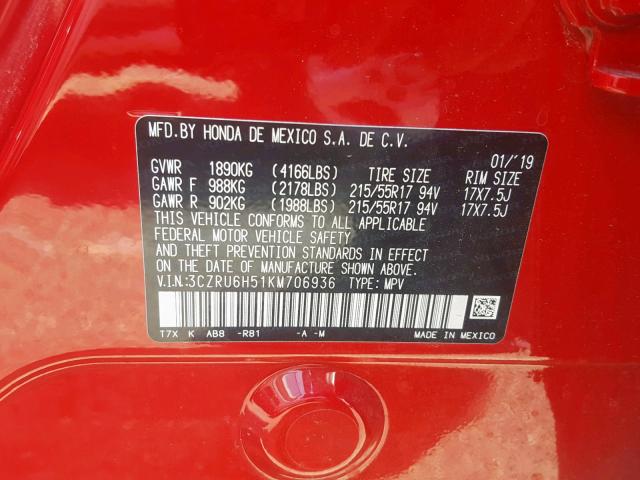 3CZRU6H51KM706936 - 2019 HONDA HR-V EX RED photo 10