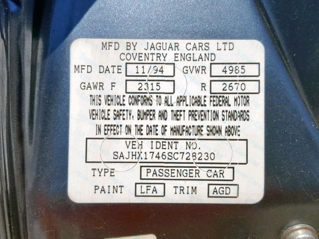 SAJHX1746SC728230 - 1995 JAGUAR XJ6 GRAY photo 10