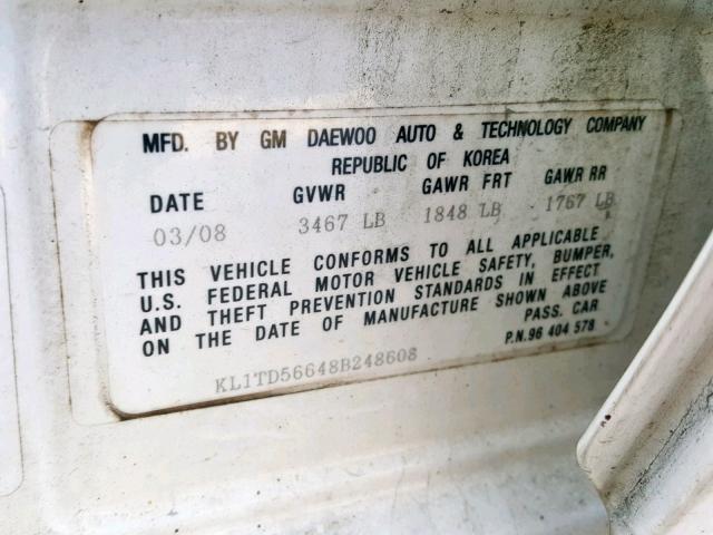 KL1TD56648B248608 - 2008 CHEVROLET AVEO BASE Ақ фото 10