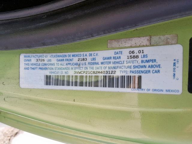 3VWCP21C82M403122 - 2002 VOLKSWAGEN NEW BEETLE მწვანე ფოტო 10