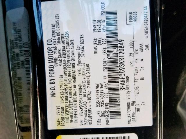 3FA6P0D93KR120849 - 2019 FORD FUSION TIT BLACK photo 10