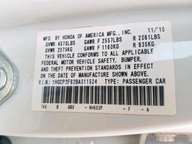 1HGCP3F82BA011524 - 2011 HONDA ACCORD EXL WHITE photo 10