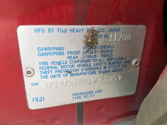 JF1SF65541H758057 - 2001 SUBARU FORESTER S MAROON photo 10