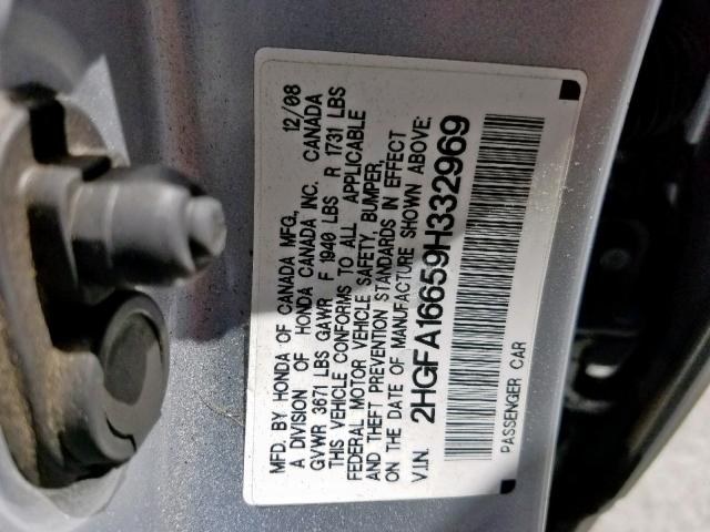 2HGFA16659H332969 - 2009 HONDA CIVIC LX-S Gümüş foto 10